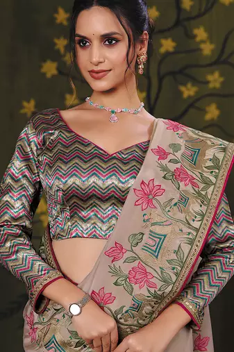 beige uppada silk blend kalamkari motifs multi thread embroidery party wear saree