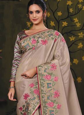 beige uppada silk blend kalamkari motifs multi thread embroidery party wear saree 3
