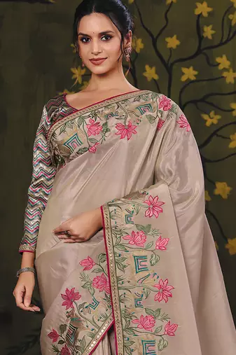 beige uppada silk blend kalamkari motifs multi thread embroidery party wear saree