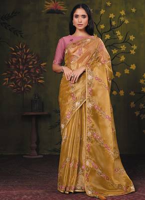golden satin floral multi thread embroidery party wear saree 1