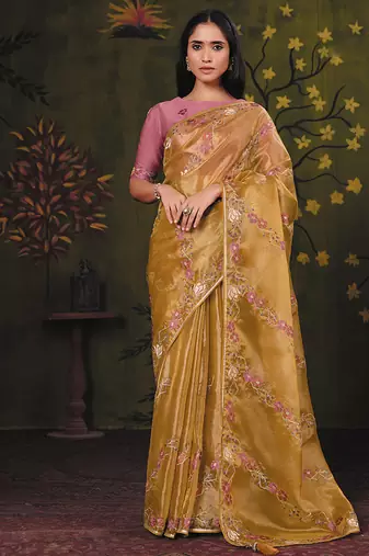 golden satin floral multi thread embroidery party wear saree
