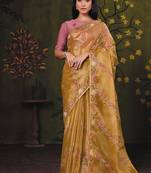 golden satin floral multi thread embroidery party wear saree