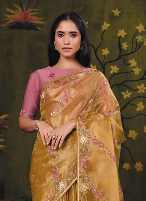 golden satin floral multi thread embroidery party wear saree 3