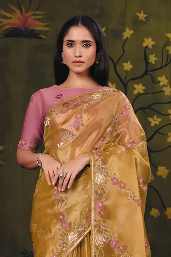 golden satin floral multi thread embroidery party wear saree