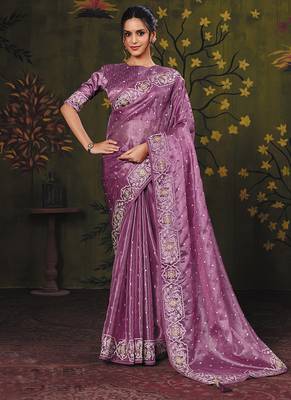 purple satin multi thread embroidery party wear saree 1