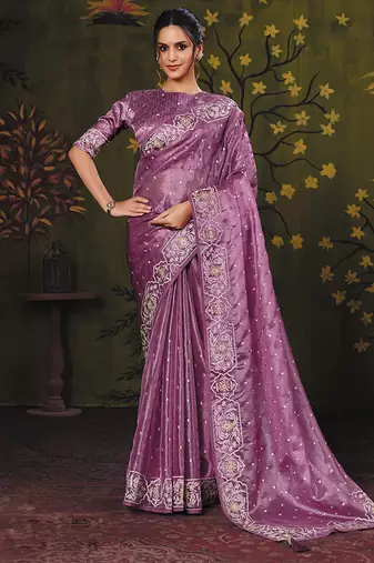 purple satin multi thread embroidery party wear saree