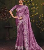 purple satin multi thread embroidery party wear saree