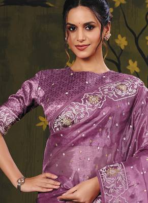 purple satin multi thread embroidery party wear saree 2