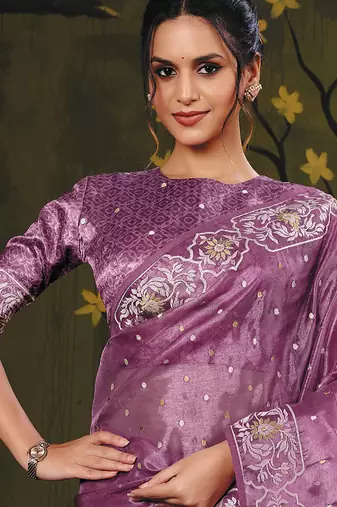 purple satin multi thread embroidery party wear saree