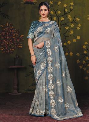 powder blue tissue zari thread embroidery party wear saree 1