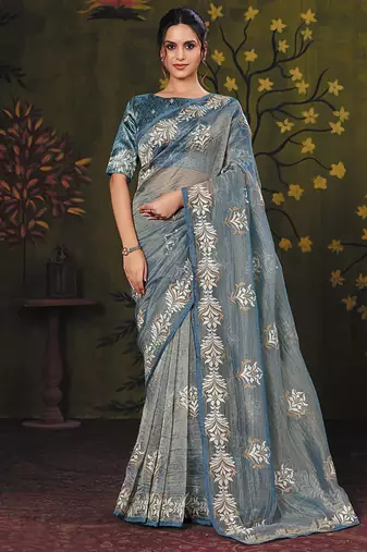 powder blue tissue zari thread embroidery party wear saree