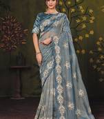 powder blue tissue zari thread embroidery party wear saree