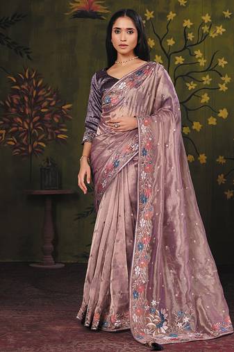 mauve organza zari floral motifs thread embroidery party wear saree