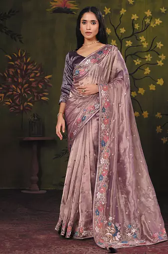 mauve organza zari floral motifs thread embroidery party wear saree