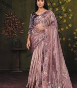 mauve organza zari floral motifs thread embroidery party wear saree