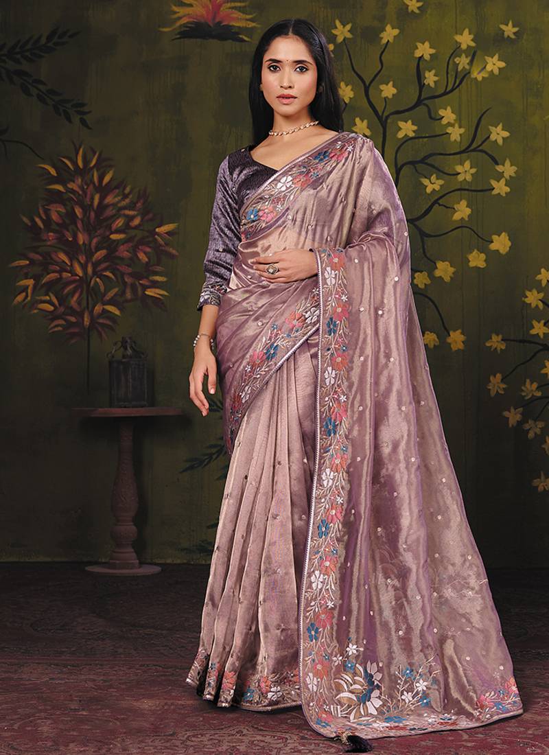 mauve organza zari floral motifs thread embroidery party wear saree