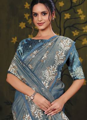 powder blue tissue zari thread embroidery party wear saree 2