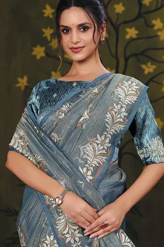 powder blue tissue zari thread embroidery party wear saree