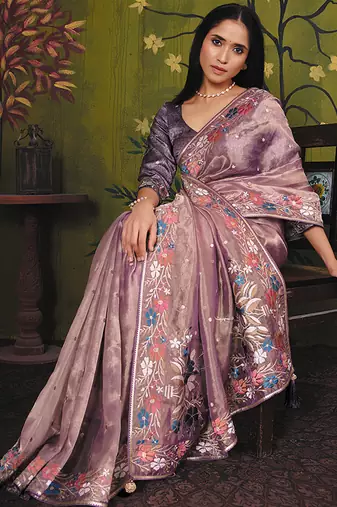 mauve organza zari floral motifs thread embroidery party wear saree