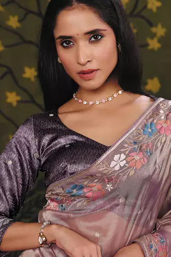 mauve organza zari floral motifs thread embroidery party wear saree
