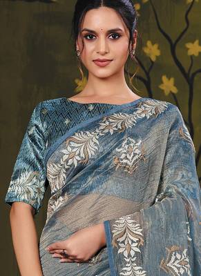 powder blue tissue zari thread embroidery party wear saree 3