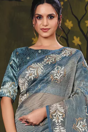 powder blue tissue zari thread embroidery party wear saree