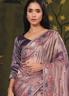 mauve organza zari floral motifs thread embroidery party wear saree 4