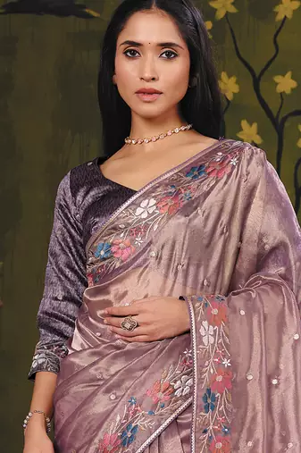 mauve organza zari floral motifs thread embroidery party wear saree