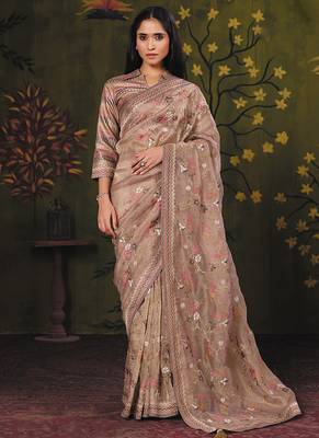 beige organza zari  floral multi thread embroidery party wear saree 1