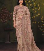 beige organza zari  floral multi thread embroidery party wear saree