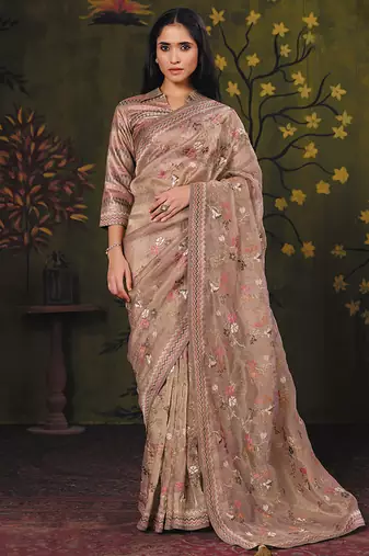 beige organza zari  floral multi thread embroidery party wear saree