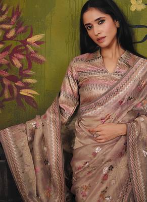 beige organza zari  floral multi thread embroidery party wear saree 3