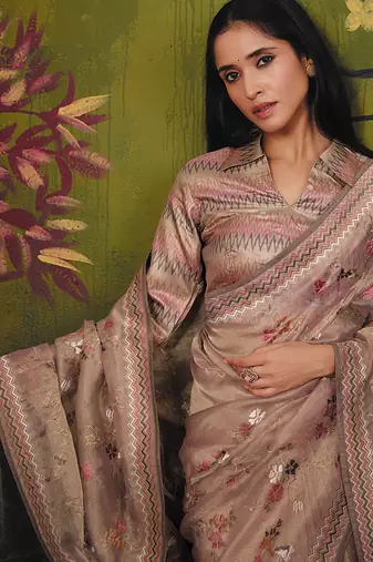 beige organza zari  floral multi thread embroidery party wear saree