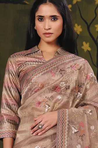 beige organza zari  floral multi thread embroidery party wear saree