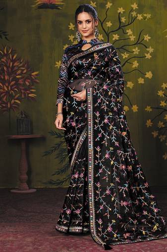 black satin floral multi thread embroidery party wear saree