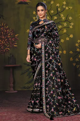 black satin floral multi thread embroidery party wear saree