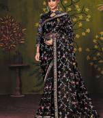 black satin floral multi thread embroidery party wear saree