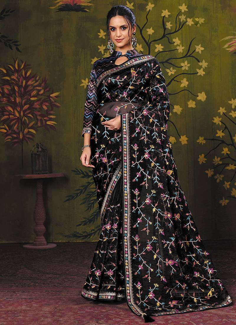 black satin floral multi thread embroidery party wear saree