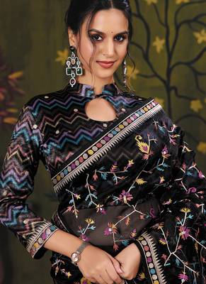 black satin floral multi thread embroidery party wear saree 2