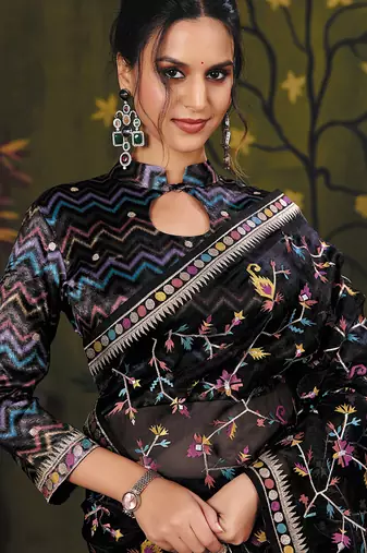 black satin floral multi thread embroidery party wear saree