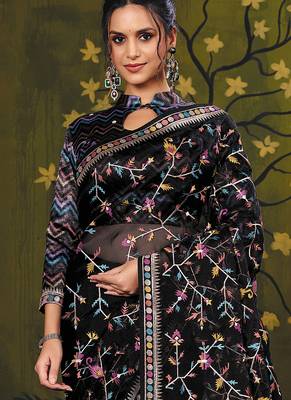 black satin floral multi thread embroidery party wear saree 3