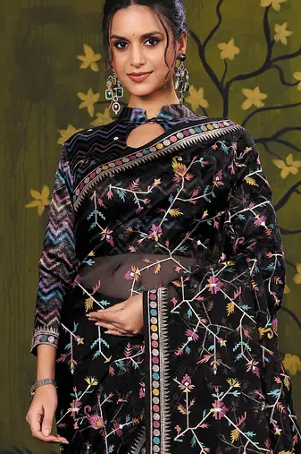 black satin floral multi thread embroidery party wear saree