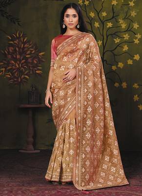 beige satin multi thread embroidery with mirror hand work party wear saree 1