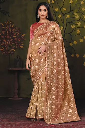 beige satin multi thread embroidery with mirror hand work party wear saree