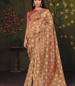 beige satin multi thread embroidery with mirror hand work party wear saree