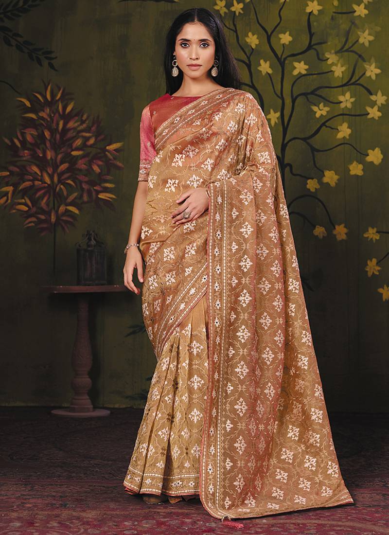 beige satin multi thread embroidery with mirror hand work party wear saree