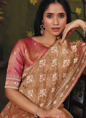 beige satin multi thread embroidery with mirror hand work party wear saree 2