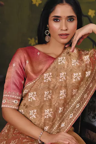 beige satin multi thread embroidery with mirror hand work party wear saree