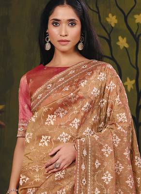 beige satin multi thread embroidery with mirror hand work party wear saree 3