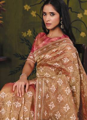 beige satin multi thread embroidery with mirror hand work party wear saree 4